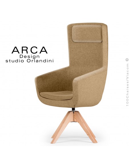Fauteuil ARCA Small, pour le bureau ou salle de réunion , assise tissu 100% laine, couleur Camel, piétement bois massif.
