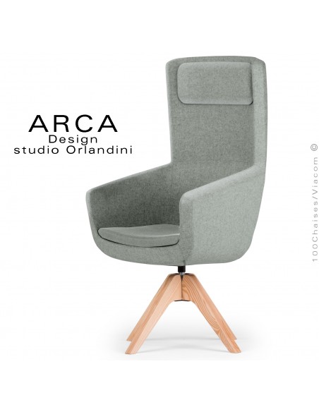 Fauteuil ARCA Small, pour le bureau ou salle de réunion , assise tissu 100% laine, couleur gris bleu, piétement bois massif.