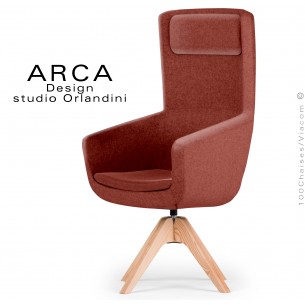 Fauteuil ARCA Small, pour le bureau ou salle de réunion , assise tissu 100% laine, couleur rouille, piétement bois massif.