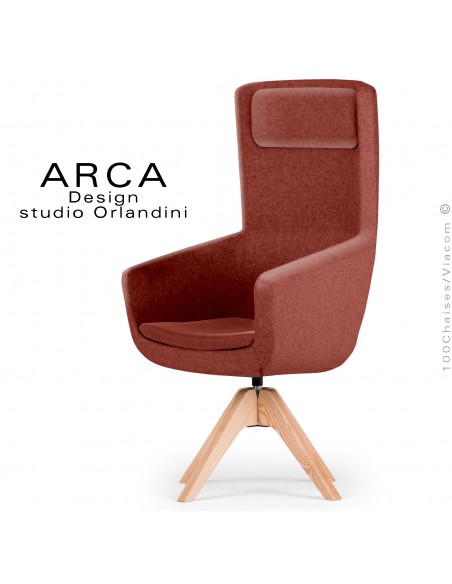 Fauteuil ARCA Small, pour le bureau ou salle de réunion , assise tissu 100% laine, couleur rouille, piétement bois massif.