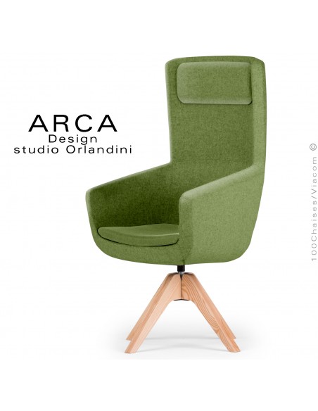Fauteuil ARCA Small, pour le bureau ou salle de réunion , assise tissu 100% laine, couleur vert bouteille piétement bois massif.