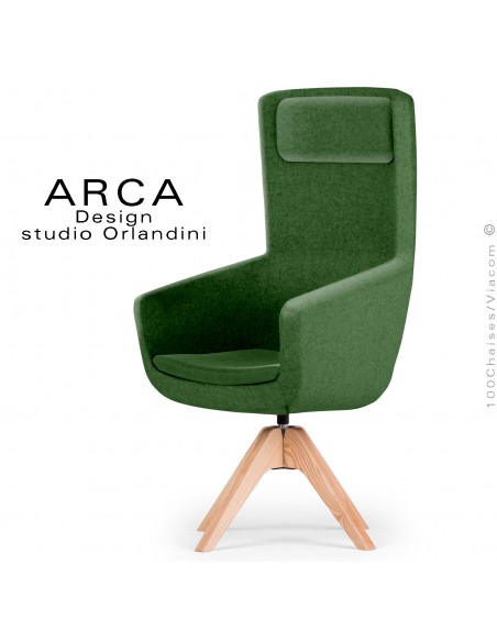 Fauteuil ARCA Small, pour le bureau ou salle de réunion , assise tissu 100% laine, couleur vert sapin, piétement bois massif.