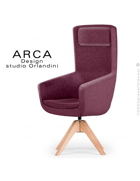 Fauteuil ARCA Small, pour le bureau ou salle de réunion , assise tissu 100% laine, couleur violet, piétement bois massif.