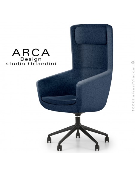 Fauteuil ARCA Small, pour le bureau ou salle de réunion , assise couleur bleu marine, piétement 5 branches avec roulettes.