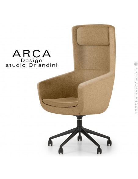 Fauteuil ARCA Small, pour le bureau ou salle de réunion , assise couleur Camel, piétement 5 branches avec roulettes.