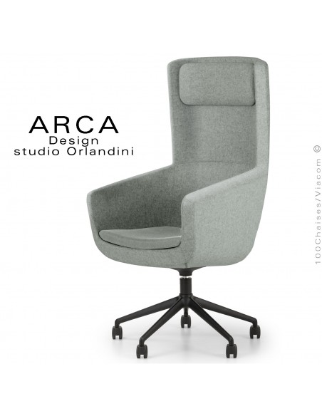 Fauteuil ARCA Small, pour le bureau ou salle de réunion , assise couleur gris bleu, piétement 5 branches avec roulettes.