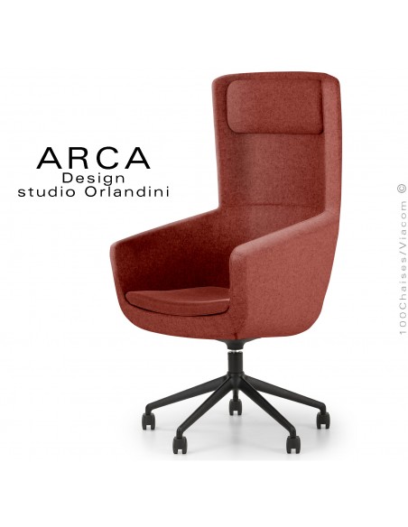 Fauteuil ARCA Small, pour le bureau ou salle de réunion , assise couleur rouille, piétement 5 branches avec roulettes.