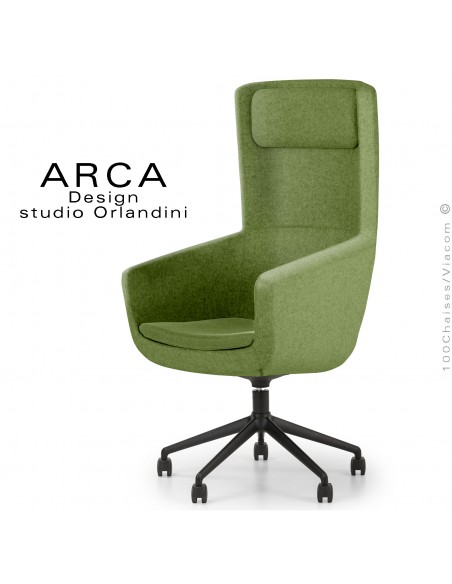 Fauteuil ARCA Small, pour le bureau ou salle de réunion , assise couleur vert bouteille, piétement 5 branches avec roulettes.