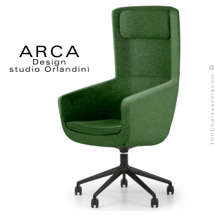 Fauteuil ARCA Small, pour le bureau ou salle de réunion , assise couleur vert sapin, piétement 5 branches avec roulettes.