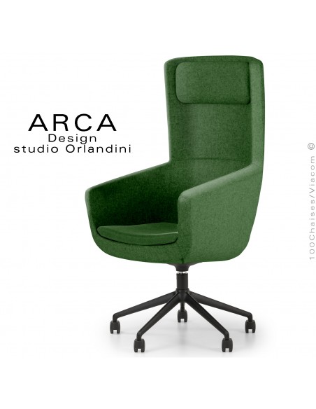 Fauteuil ARCA Small, pour le bureau ou salle de réunion , assise couleur vert sapin, piétement 5 branches avec roulettes.