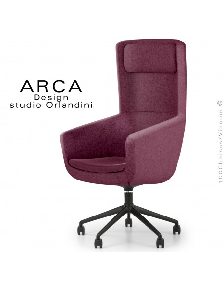 Fauteuil ARCA Small, pour le bureau ou salle de réunion , assise couleur violet, piétement 5 branches avec roulettes.