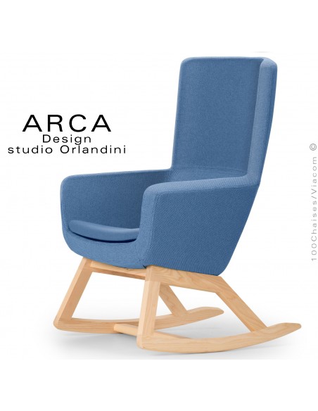 Fauteuil à bascule rocking chair ARCA Small, le confort pour la maison, habillage tissu couleur bleu, piétement bois massif.