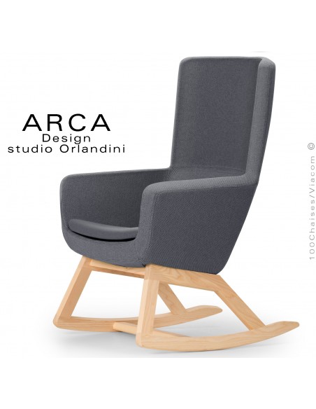 Fauteuil à bascule rocking chair ARCA Small, le confort pour la maison, tissu couleur gris foncé, piétement bois massif.