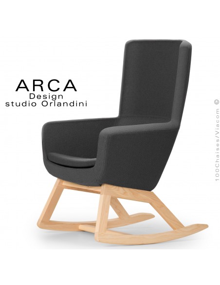 Fauteuil à bascule rocking chair ARCA Small, le confort pour la maison, habillage tissu couleur noir, piétement bois massif.