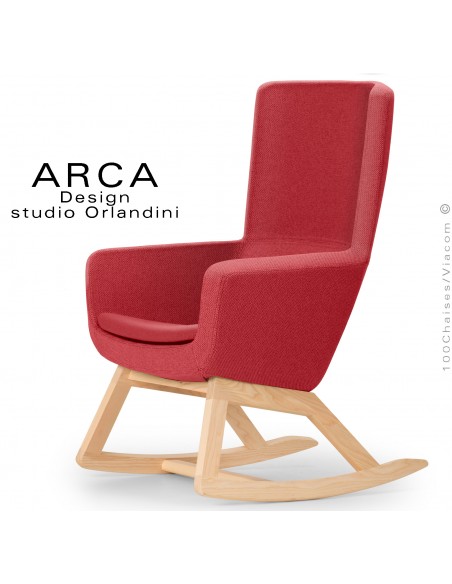 Fauteuil à bascule rocking chair ARCA Small, le confort pour la maison, habillage tissu couleur rouge, piétement bois massif.