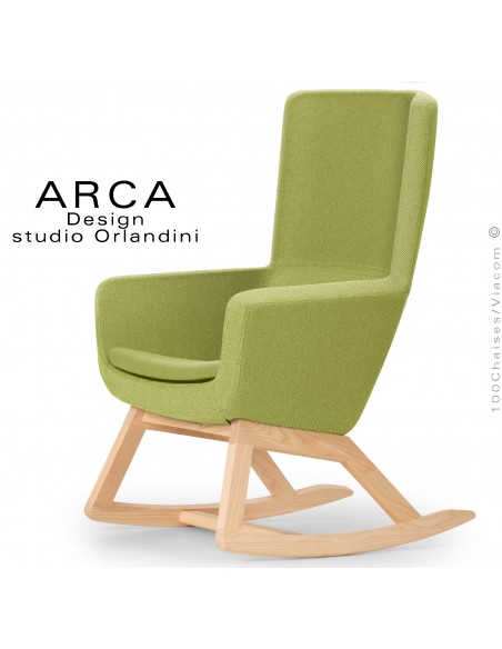 Fauteuil à bascule rocking chair ARCA Small, le confort pour la maison, tissu couleur vert pistache, piétement bois massif.