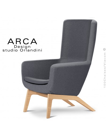 Fauteuil confort ARCA Small, pour salon d'attente standing, tissu 100% polyester gris foncé, piétement bois de Frêne.