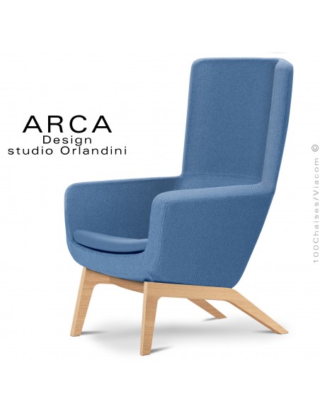 Fauteuil confort ARCA Small, pour salon d'attente standing, habillage tissu 100% polyester bleu, piétement bois de Frêne.