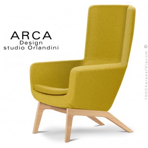 Fauteuil confort ARCA Small, pour salon d'attente standing, tissu 100% polyester jaune soleil, piétement bois de Frêne.