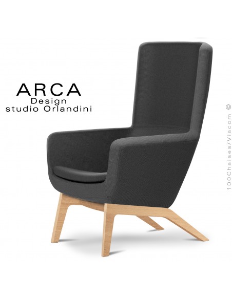 Fauteuil confort ARCA Small, pour salon d'attente standing, habillage tissu 100% polyester noir, piétement bois de Frêne.