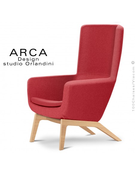 Fauteuil confort ARCA Small, pour salon d'attente standing, tissu 100% polyester rouge, piétement bois de Frêne.