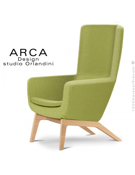 Fauteuil confort ARCA Small, pour salon d'attente standing, habillage tissu 100% polyester vert, piétement bois de Frêne.