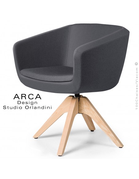 Fauteuil confort pivotant ARCA Small, pour bureau ou domestique, assise tissu couleur gris foncé, piétement bois.