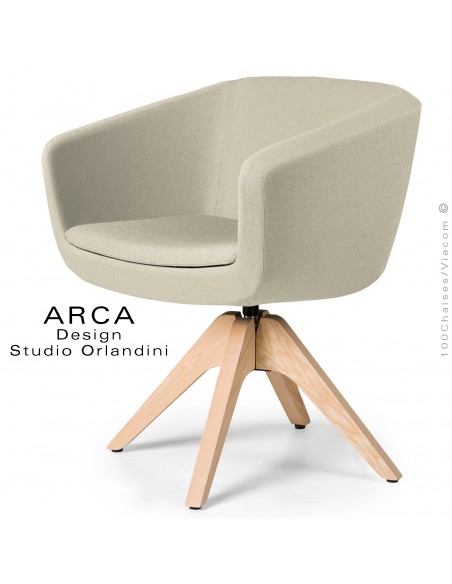 Fauteuil confort pivotant ARCA Small, pour bureau ou domestique, assise tissu couleur jaune paille, piétement bois.