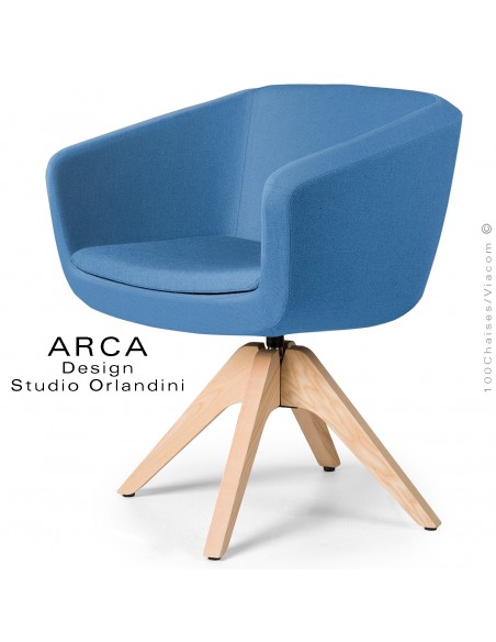 Fauteuil confort pivotant ARCA Small, pour bureau ou domestique, assise tissu couleur bleu, piétement bois.