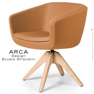 Fauteuil confort pivotant ARCA Small, pour bureau ou domestique, assise tissu couleur orange, piétement bois.