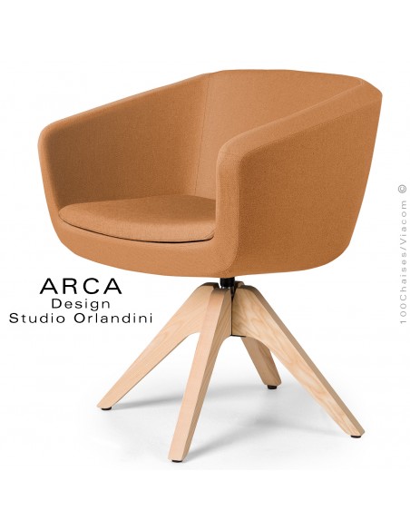 Fauteuil confort pivotant ARCA Small, pour bureau ou domestique, assise tissu couleur orange, piétement bois.