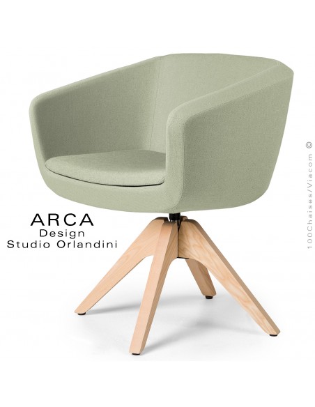 Fauteuil confort pivotant ARCA Small, pour bureau ou domestique, assise tissu couleur vert clair, piétement bois.