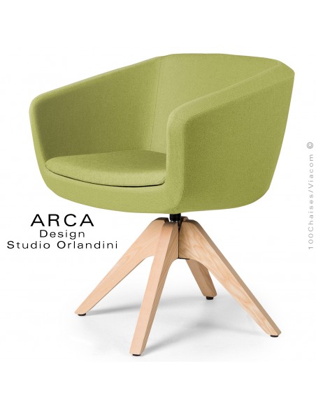 Fauteuil confort pivotant ARCA Small, pour bureau ou domestique, assise tissu couleur vert, piétement bois.