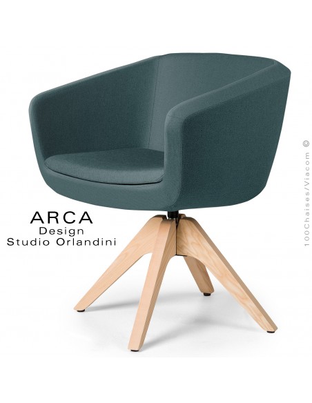 Fauteuil confort pivotant ARCA Small, pour bureau ou domestique, assise tissu couleur vert bouteille, piétement bois.