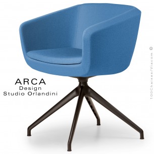 Fauteuil de bureau pivotant ARCA Small, ou domestique, assise garnie, habillage tissu bleu, piétement aluminium noir.