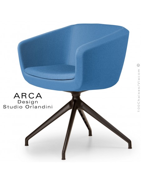 Fauteuil de bureau pivotant ARCA Small, ou domestique, assise garnie, habillage tissu bleu, piétement aluminium noir.
