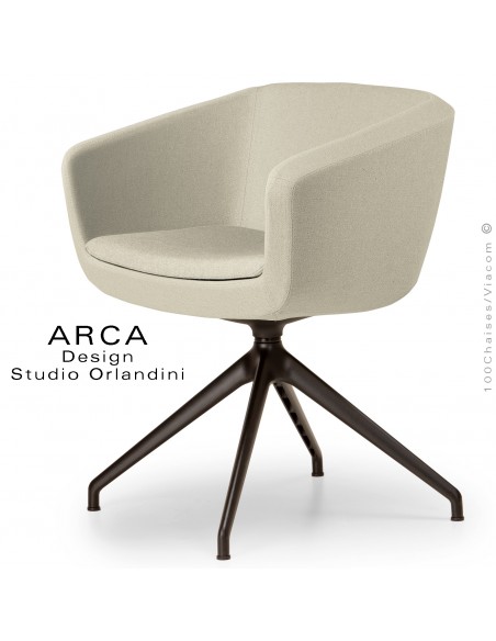 Fauteuil de bureau pivotant ARCA Small, ou domestique, assise garnie, habillage tissu jaune paille, piétement aluminium noir.