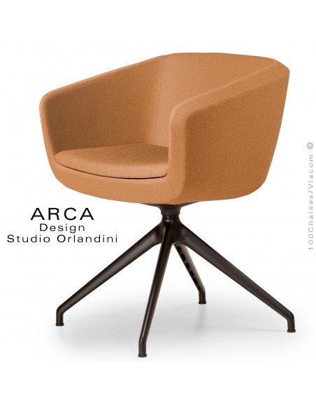 Fauteuil de bureau pivotant ARCA Small, ou domestique, assise garnie, habillage tissu orange, piétement aluminium noir.