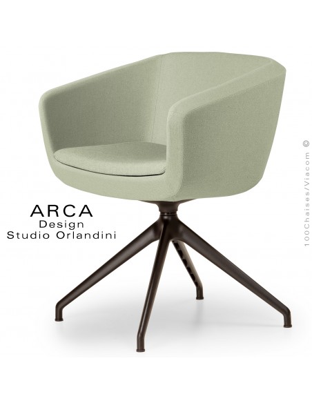 Fauteuil de bureau pivotant ARCA Small, ou domestique, assise garnie, habillage tissu vert clair, piétement aluminium noir.