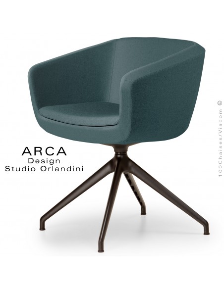 Fauteuil de bureau pivotant ARCA Small, ou domestique, assise garnie, habillage tissu vert bouteille, piétement aluminium noir.
