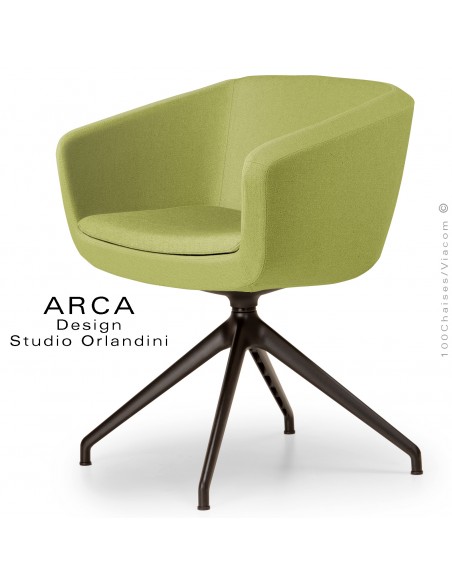 Fauteuil de bureau pivotant ARCA Small, ou domestique, assise garnie, habillage tissu vert, piétement aluminium noir.