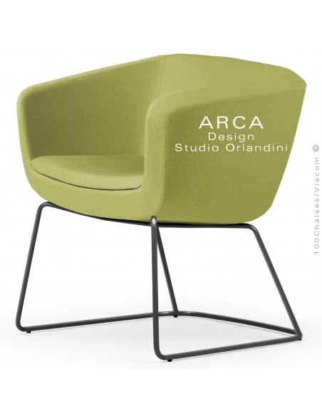 Fauteuil d'attente ou domestique ARCA Small, assise garnie de mousse, tissu couleur vert, piétement luge peint noir.
