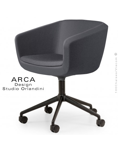 Fauteuil de bureau ARCA Small, assise garnie, habillage tissu couleur gris foncé, piétement aluminium noir, avec roulettes.