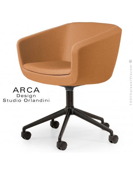 Fauteuil de bureau ARCA Small, assise garnie, habillage tissu couleur orange, piétement aluminium noir, avec roulettes.