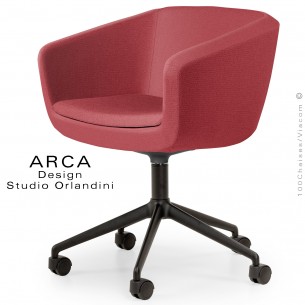 Fauteuil de bureau ARCA Small, assise garnie, habillage tissu couleur rouge, piétement aluminium noir, avec roulettes.