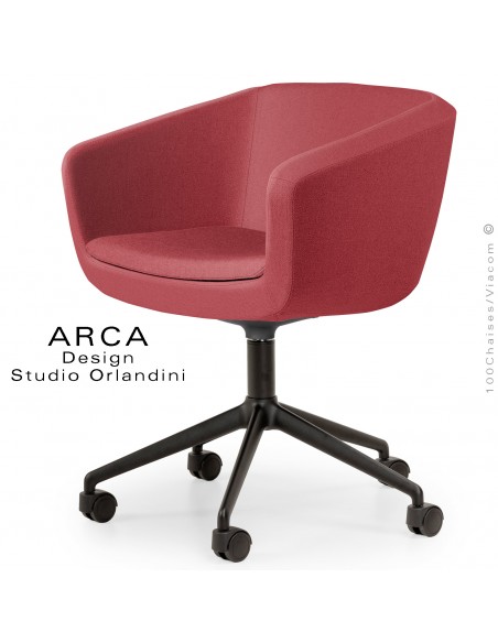 Fauteuil de bureau ARCA Small, assise garnie, habillage tissu couleur rouge, piétement aluminium noir, avec roulettes.