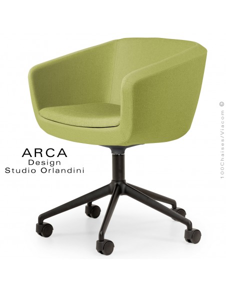 Fauteuil de bureau ARCA Small, assise garnie, habillage tissu couleur vert, piétement aluminium noir, avec roulettes.