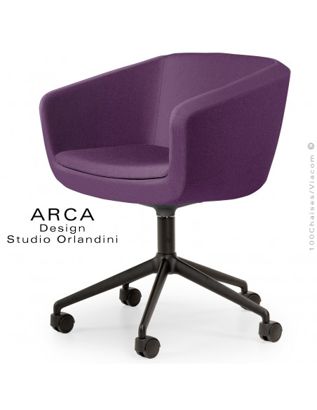 Fauteuil de bureau ARCA Small, assise garnie, habillage tissu couleur violet, piétement aluminium noir, avec roulettes.