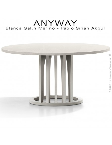 Table basse design ANYWAY, d'esprit déco, plateau Ø70 cm., structure bois massif de hêtre peint blanc.