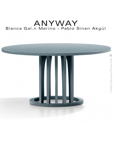 Table basse design ANYWAY, d'esprit déco, plateau Ø70 cm., structure bois massif de hêtre peint bleu pétrole.